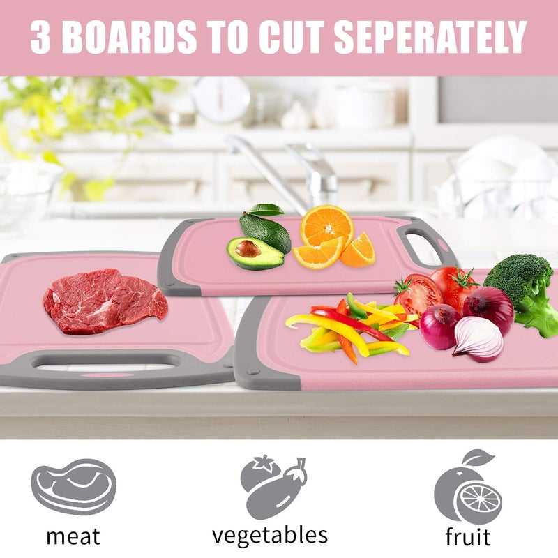 Rottogoon Cutting Boards for Kitchen, Plastic Chopping Board Set of 4 with Non-Slip Feet and Deep Drip Juice Groove, Easy Grip Handle, Dishwasher Safe, BPA Free, Non-porous(Pink/Gray) - Image 3